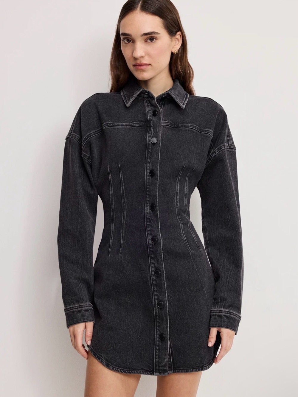 Good American Washed Black Long-Sleeve Button Front Denim Dress 2XL NWOT